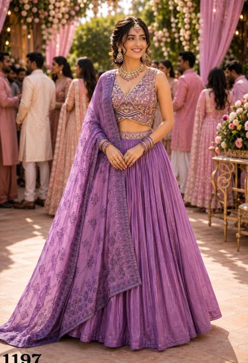 Lavender Tissue Embroidered Work Readymade Lehenga Choli